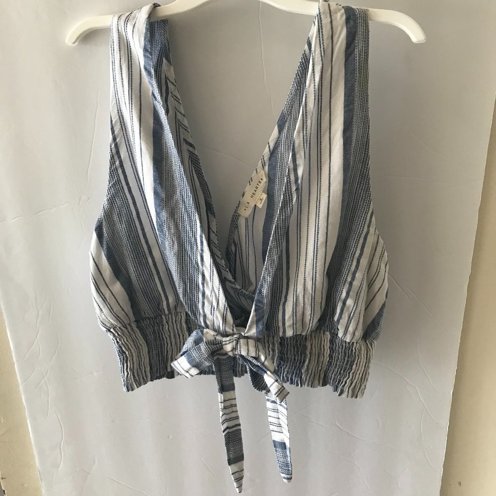 L. A Hearts Women's Blue and White  Striped Deep V-Neck Crop Top Size Small